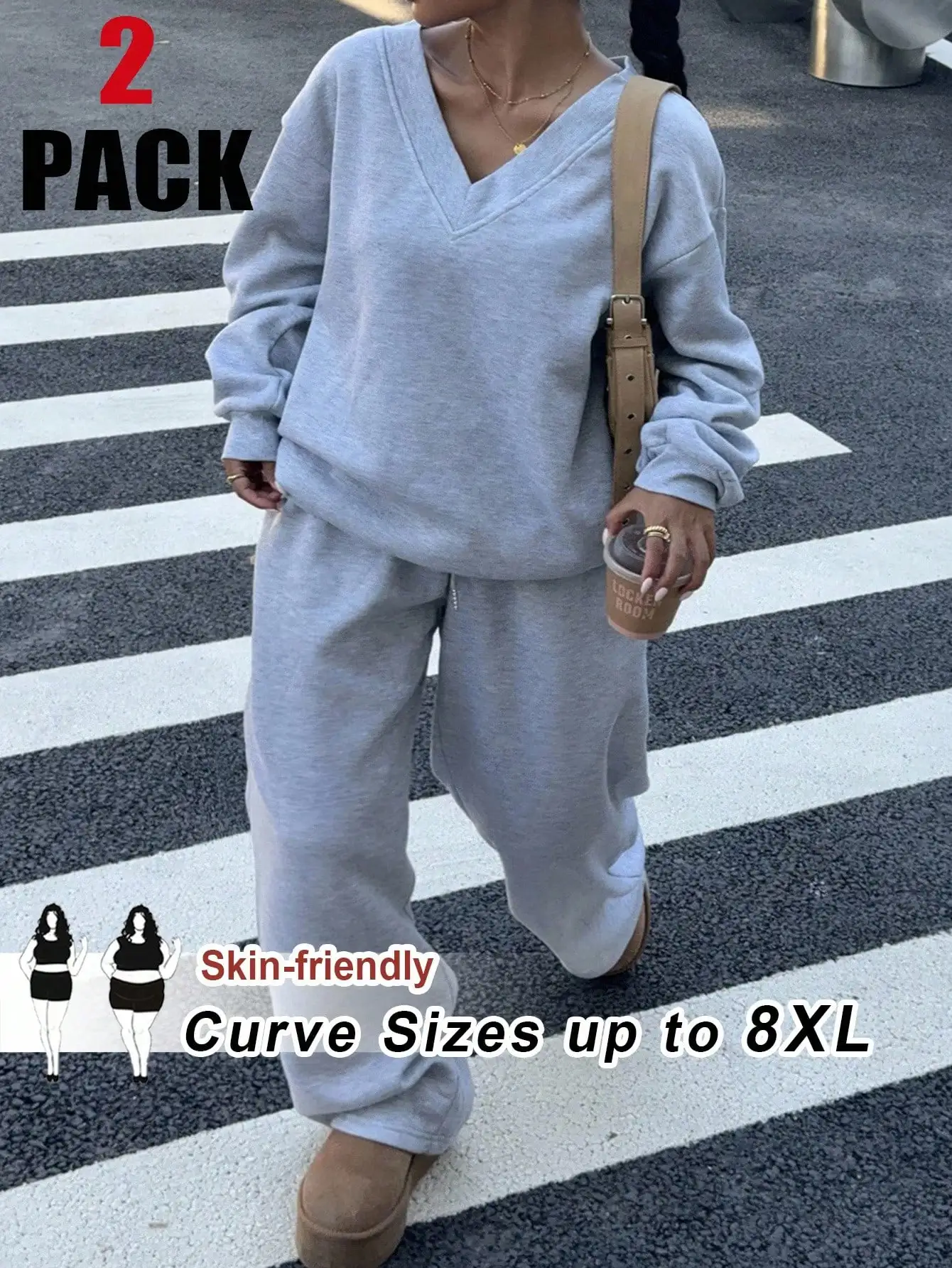 

2-Pack Women's Plus Size V-Neck Sweatshirt & Pants Set, Loose Fit Fleece Lounge Wear for Autumn Winter