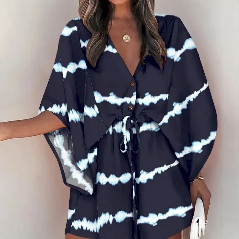 Fashion V-neck Flared Sleeve Bikini Cover-Ups for Woman Swimsuit Cover Up Dress 2023 New Lace Up Holiday Beach Tunic Beach Dress