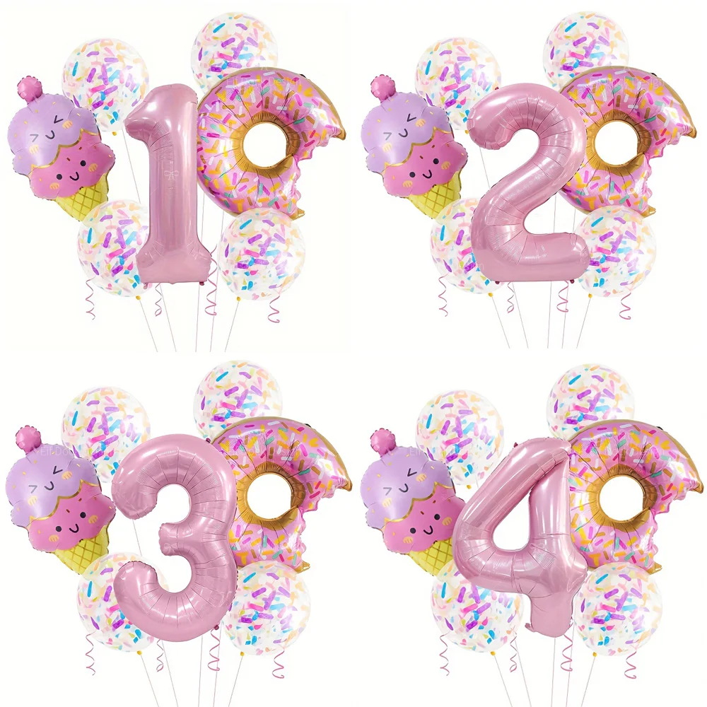 Candy Donut Ice Cream Foil Balloons with Colorful Confetti Ballon 1 2 3 4 5 6 7 8 9 Years Kids Birthday Party Baby Shower Decora