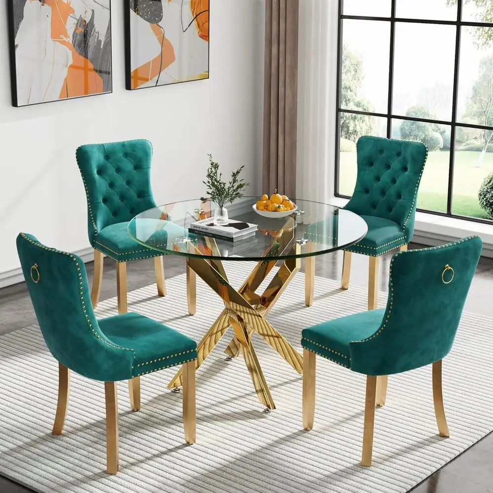 

4-Person Glass Top Dining Set with Upholstered Chairs & Golden Legs