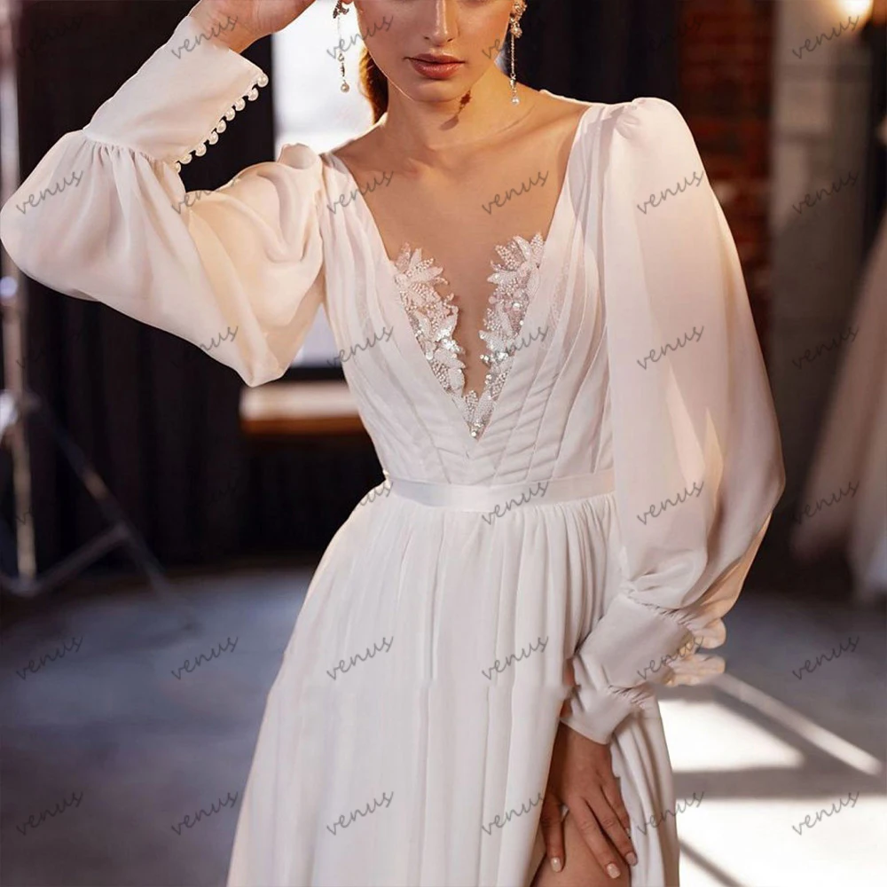 Charming Wedding Dresses A-Line Bridal Gowns Sexy Deep V-Neck High Slit Robes For Formal Party Chiffon Vestidos De Novia 2024