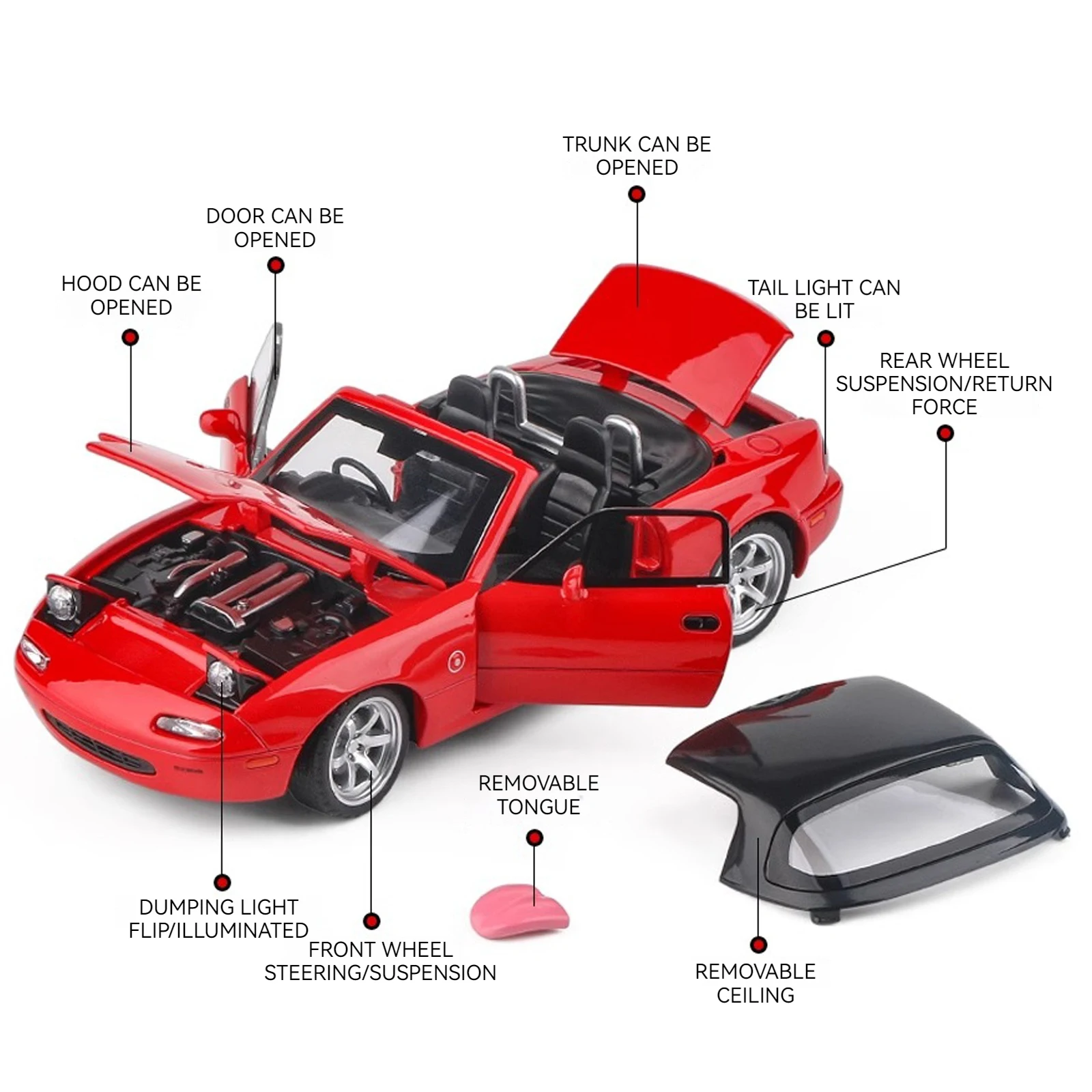 Mazda MX5 1:32, coche de juguete fundido a presión de aleación, sonido y luz, juguete coleccionable para niños, regalo de cumpleaños