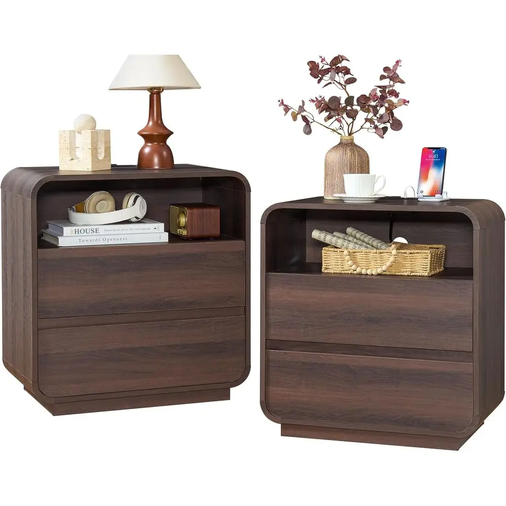 

Set of 2 Curved Nightstands 23.2 Wide with Charging Station, Storage Drawers, Walnut Finish for Bedroom or Office