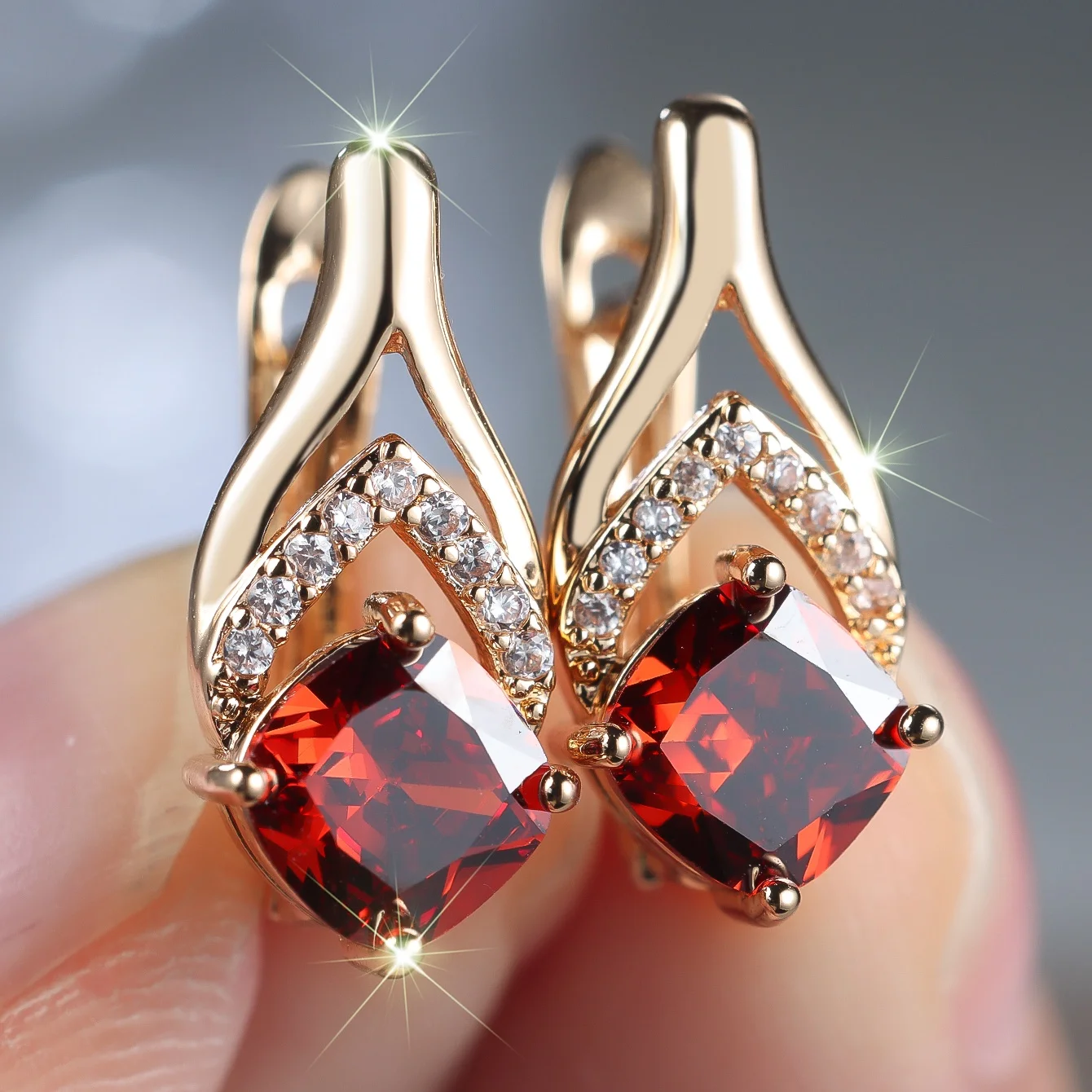 Luxury Female Red White Stone Gold Color Skeleton Hoop Earrings For Women Charm Crystal Zircon Wedding Jewelry