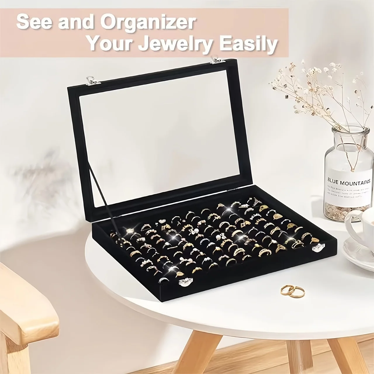 Velour and Jewelry Ring Organizer Box with Clear Glass Lid Dust-Proof 100-Slot Tray for Rings, Earrings box