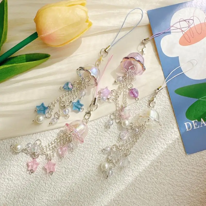 (.) Cute Jellyfish Wind Chime Pendant Keychain Mobile Phone Lanyard Bag Key Ring Decorative Accessories For Girls Christmas Gift