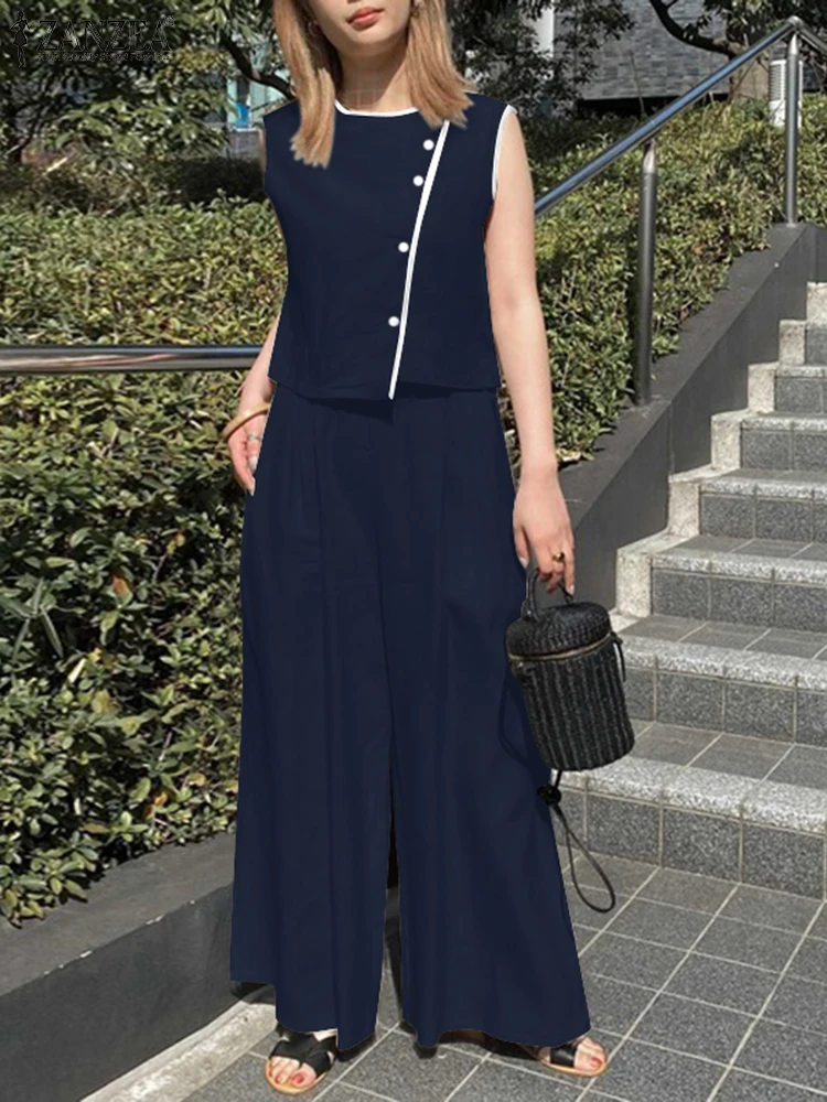 2025 ZANZEA conjuntos de pantalones de verano para mujer, conjuntos de dos piezas, blusa informal sin mangas, pantalones, traje elegante OL, chándal de trabajo, trajes de 2 uds