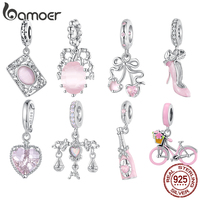 Bamoer 925 Sterling Silver Pink Cherry Pendant Bow High Heel Charm Dangle Fit Original Bracelet Women DIY Jewelry Hot Sale Gift