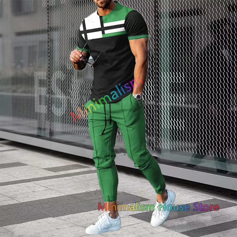 Mens 2 Piece Pants Outfit Set 3D Printed Tracksuit For Men Joogers Outfit Short Sleeve T-shirt+Trousers Suit Oversized Clothes