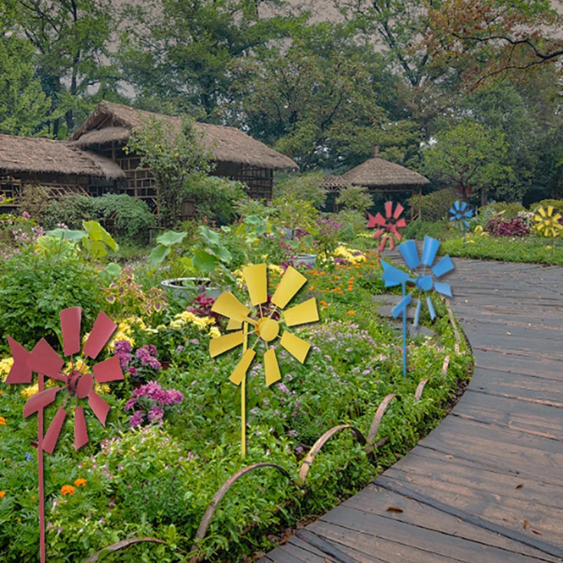 Passe o moinho de vento para decorações do gramado da jarda do jardim, girador do vento do ferro, Pinwheels exterior moderno, 3 cores