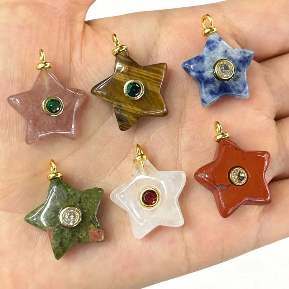 5pcs/lot Carved Star Shape Colored Zircon Paved Stone Pendant Crystal Charms for Jewelry Making Necklace Earrings Craft