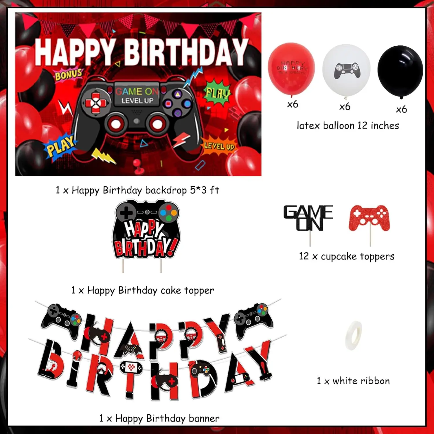 Kreat4joy Video Game Birthday Party Decorations, Backdrop Banner, Cake Topper, Balloon Red and Black Gamer Game on Birthday Part