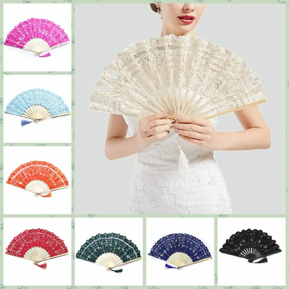 

Art Craft Bamboo Handle Vintage Lace Hand Fan European Style with Tassel Embroidered Folding Fan Hand Held Dance Fan Summer Gift