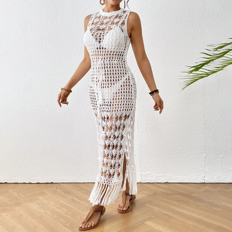 Woman Beach Cover Up Tassel Backless Long Dress Knitted Crochet High Split See-through Maxi Dress Cover-ups Beach Wear Outfits