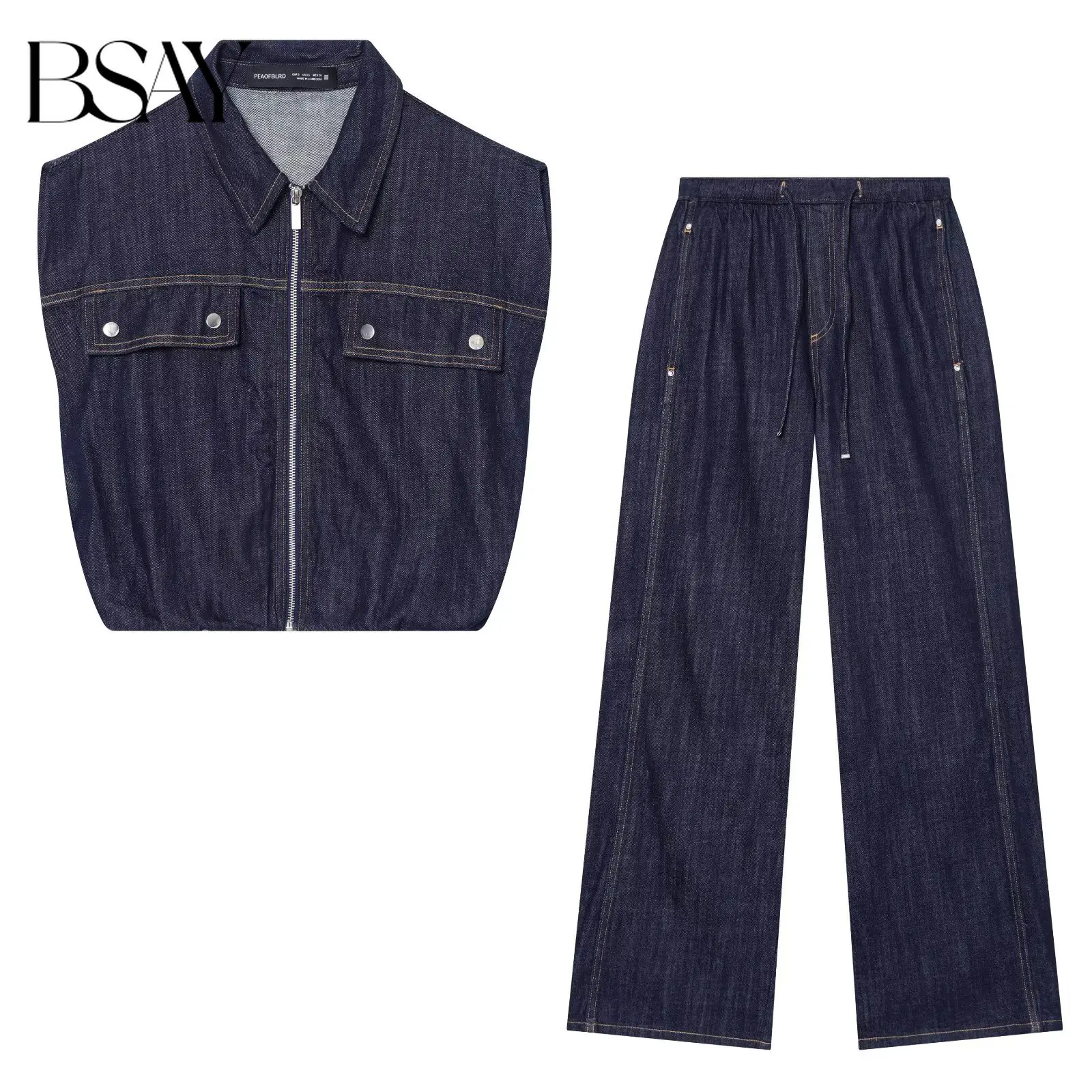 

BSAY Wide Leg Jogging Jeans 2pc Set Women's Sleeveless Lapel Puffy Denim Vest Chic Lady Streetwear Mid Waist Casual Jeans