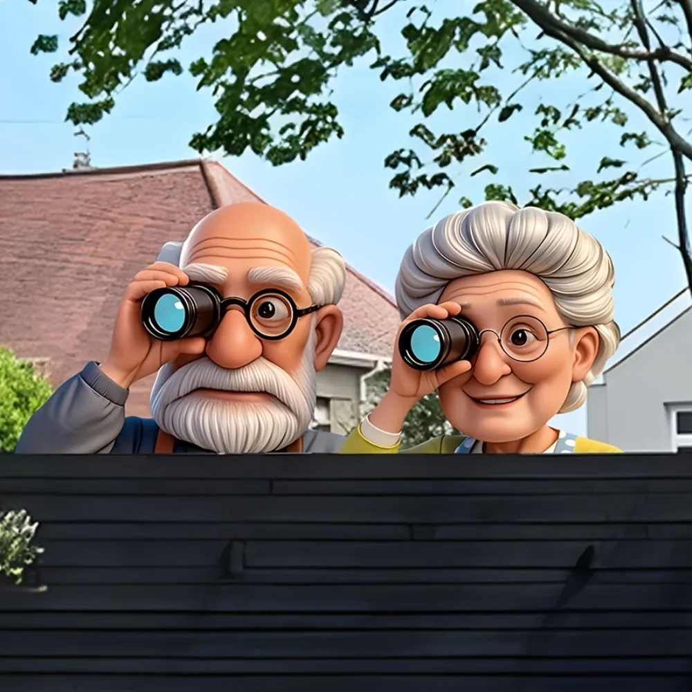 

Whimsical Elderly Couple Garden Peeking Fence Lawn Ornament with Binoculars Pole-Mounted Lawn Yard Charming Privacy Decor