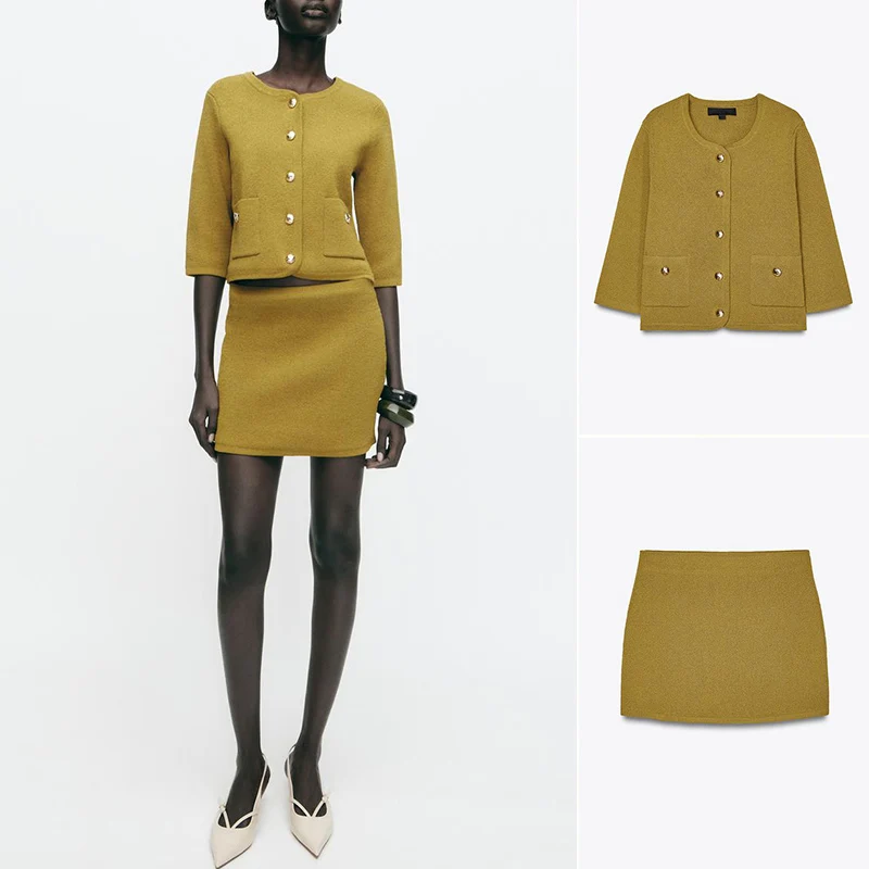 

Gold Button Long Sve round Ne Simple Knitted Jaet 275600 Flat Needle Knitted Skirt 27560 Faionable Women's Set