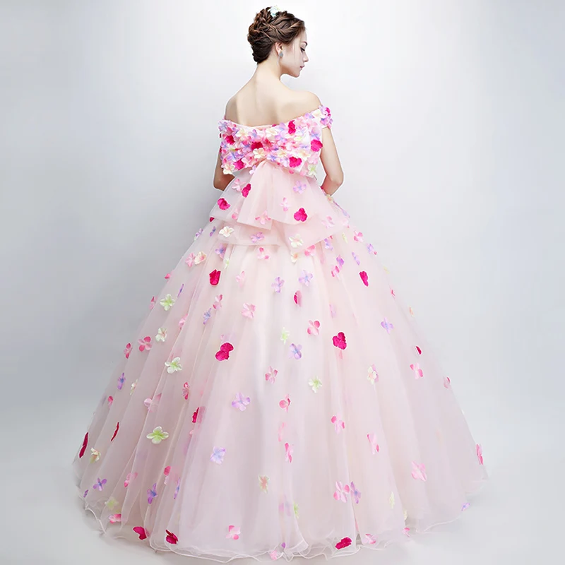 Sparkly Bunte Quinceanera Kleider 2022 3D Blumen Rosa Organza Prinzessin Party Süße 15 Ballkleid weg von der Schulter Realen Foto