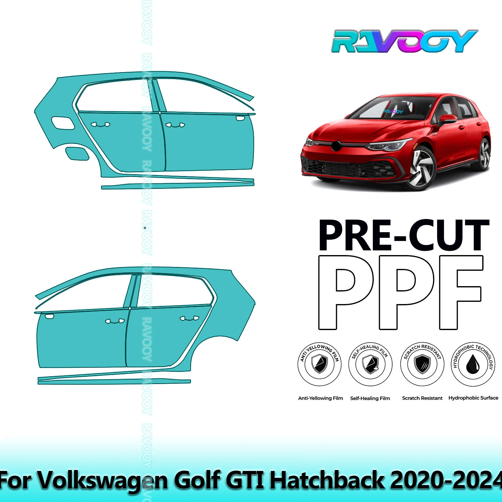 لفولكس واجن جولف GTI هاتشباك 2020-2024 8.5mil واضح ماتي قبل قطع باب PPF ومجموعة عمود A/B مجموعة طبقة حماية الطلاء من البولي يوريثان #1