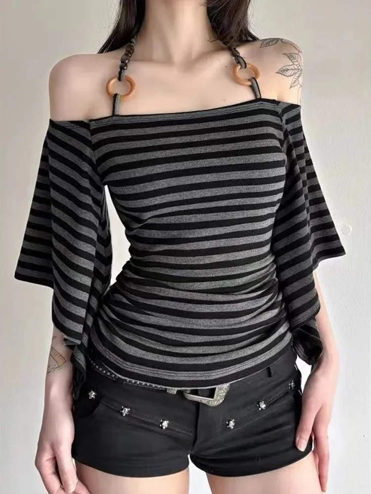 Y2k Vintage Striped T Shirt Women Summer Slash Neck Bandage Harajuku Halter Tees Off Shoulder Batwing Sleeve Streetwear Tops New