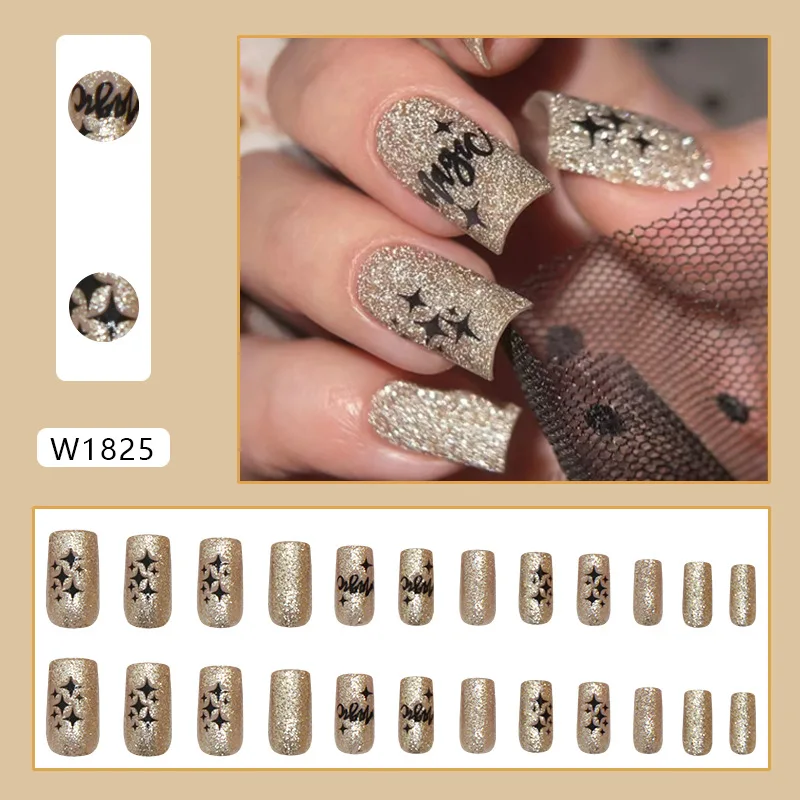 

24Pcs Medium Square Press on Nails - Pure Gold Glitter with Star and Letter Designs | Versatile Style