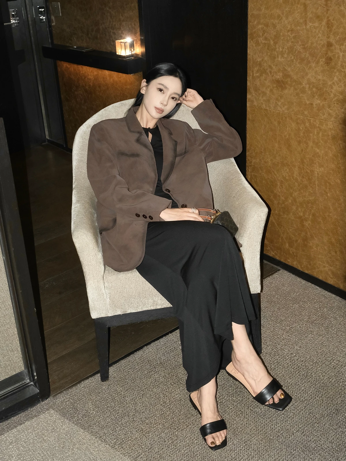 

Женский костюм ZhouMiao из искусственной кожи с бархатистой текстурой, прямые брюки, длинный рукав, удобный, дышащий, для делового и повседневного стиля