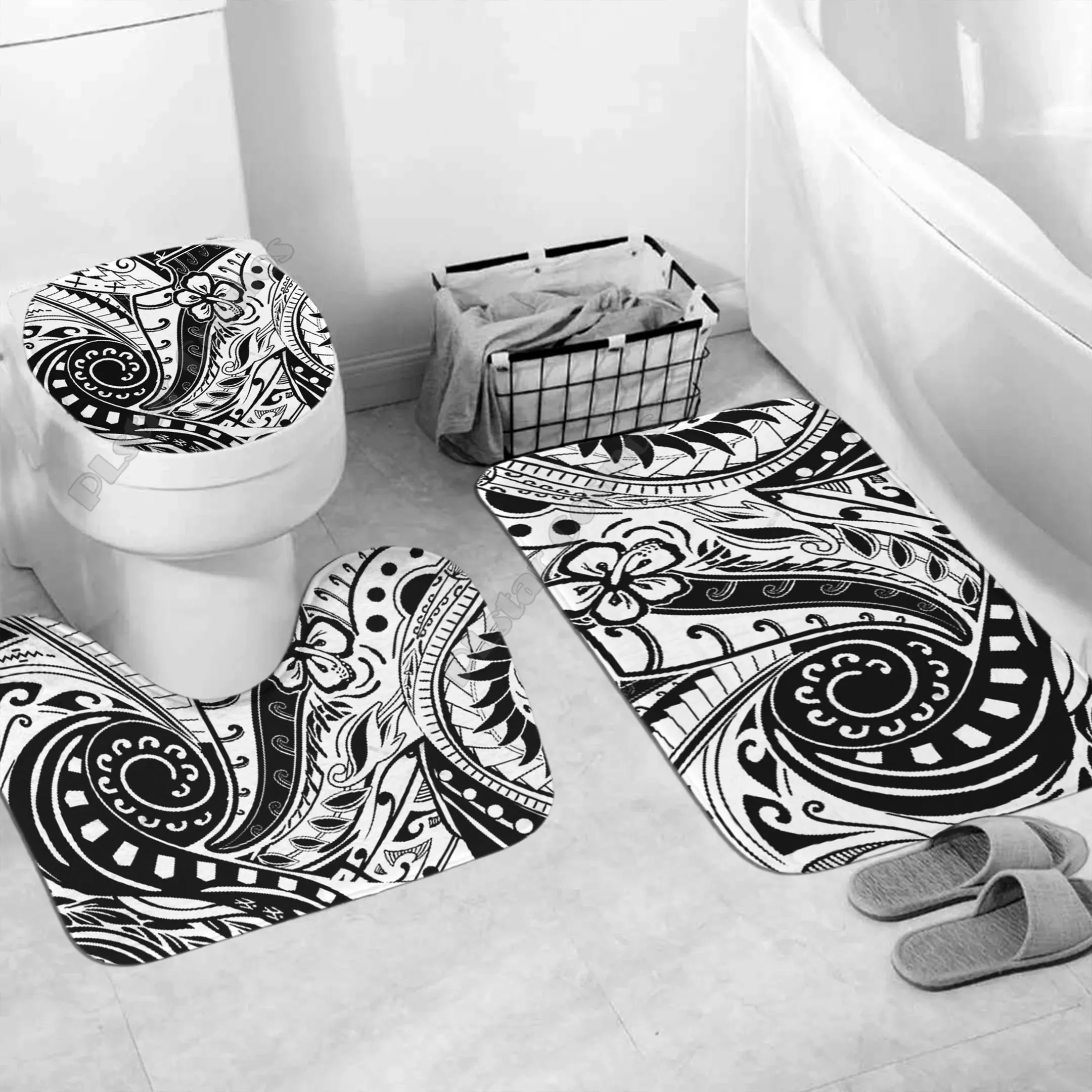 Polynesian Home Set - Polynesian Tribal Abstract Bathroom Set 3D printed Bathroom Pedestal Rug Lid Toilet Cover Bath Mat Set