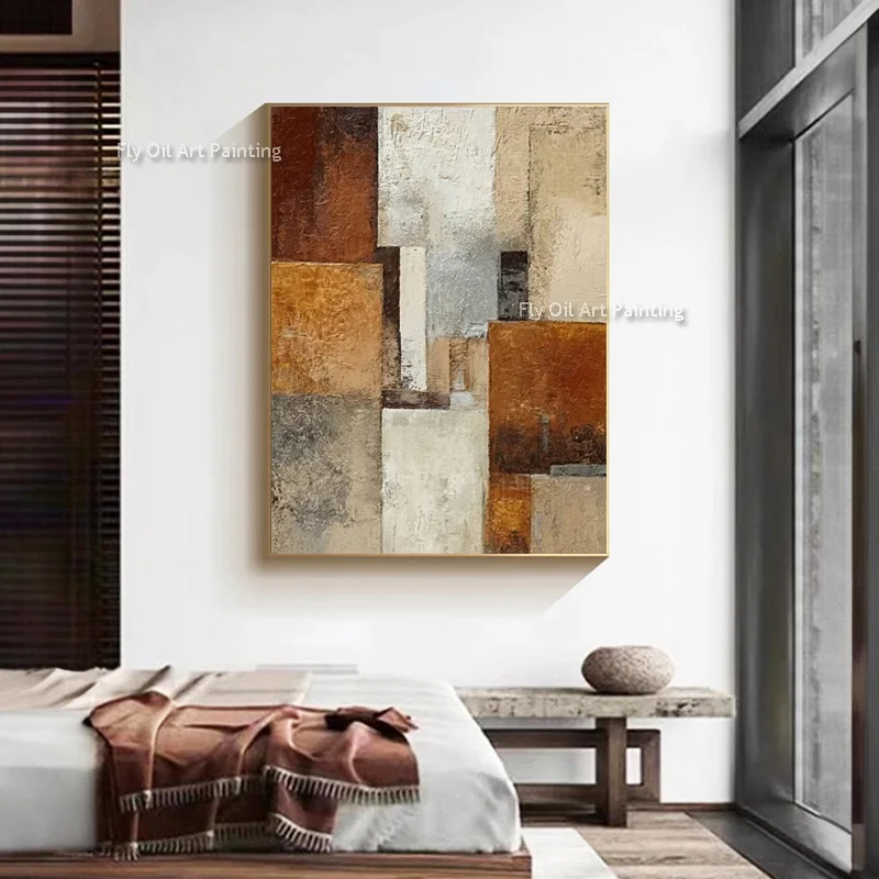 Large Handpainted Brown Beige Abstract Simple Oil Painting On Canvas New Original Design Grey Golden Yellow Thick Wall Art Decor