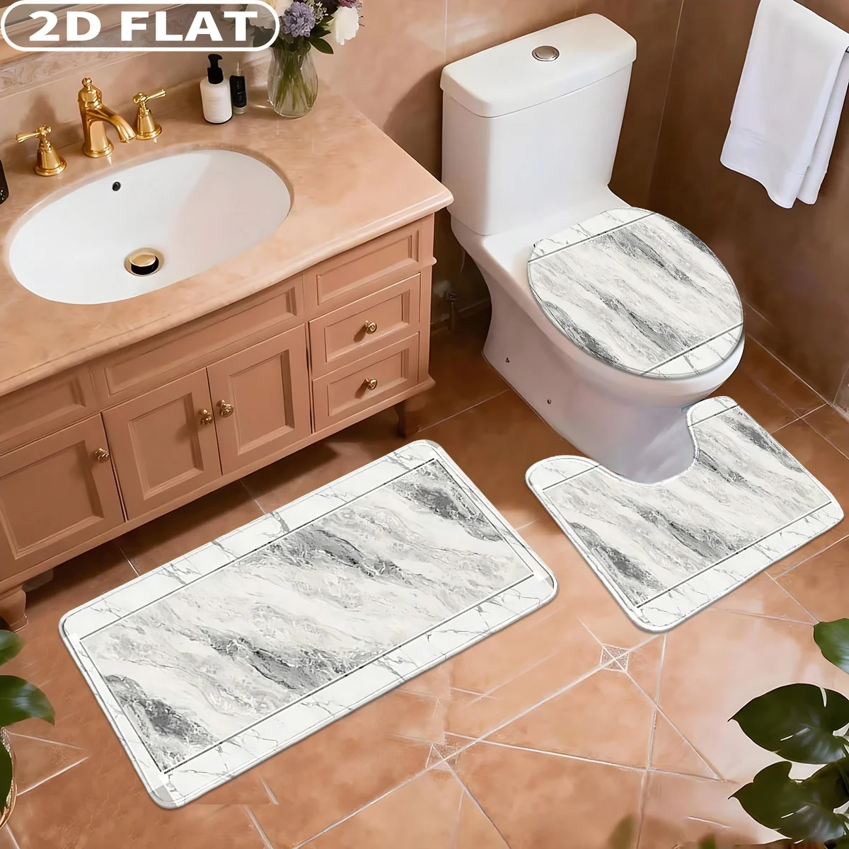 

2D Flat 3pcs, Rug Sets Three-Piece Sets with Marble Pattern Print Design Design, 2D Flat Non-3D Bathroom Carpet.