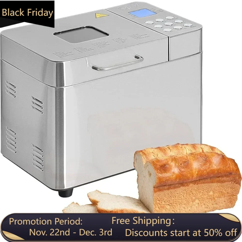 

2-pound stainless steel bread maker with 25 intelligent cooking programs, including accessories and measuring cups