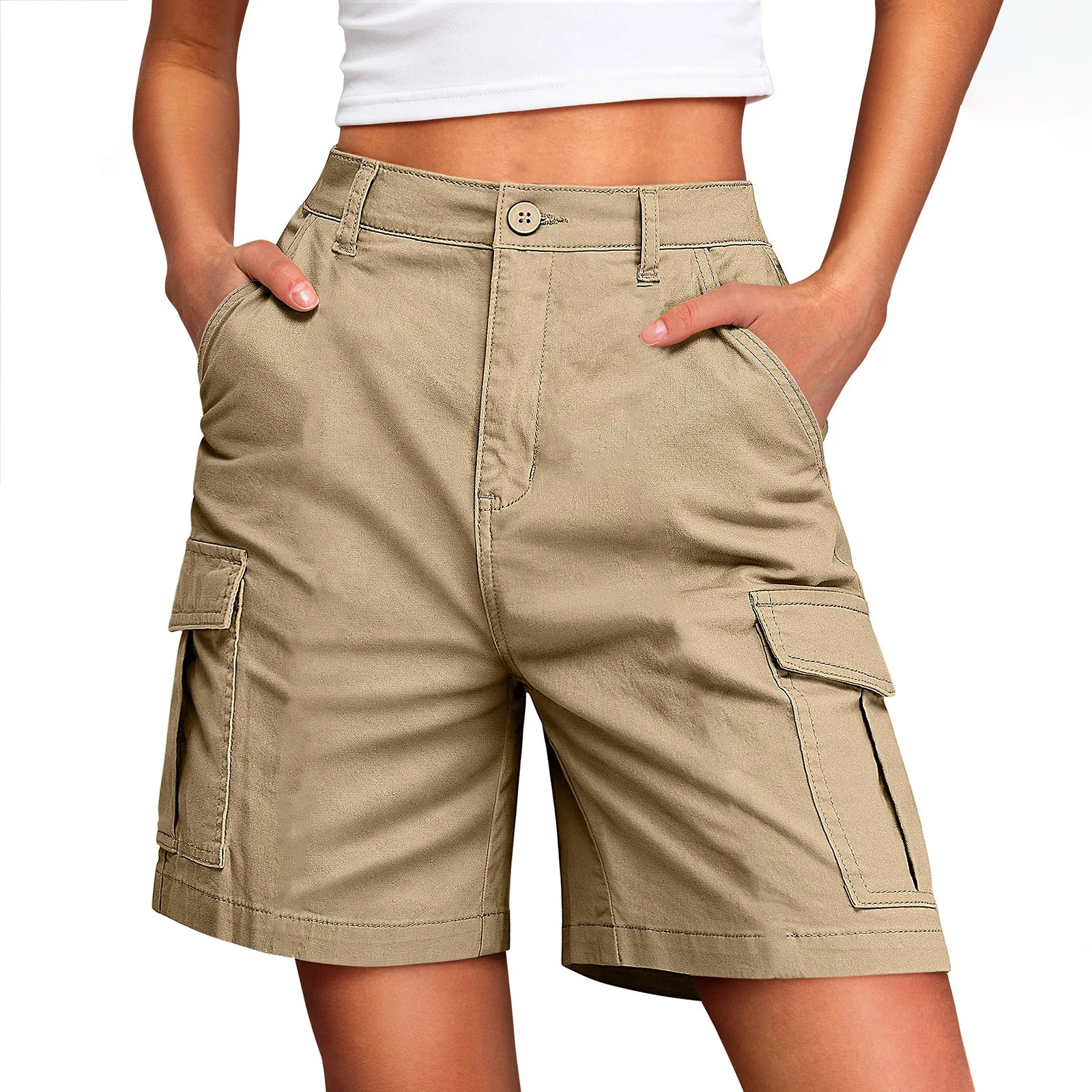 

Ladies Casual Workwear Five-Quarter Shorts Pure Color with Pockets High Waist Silk Cotton Printed Teenage Girls Pants