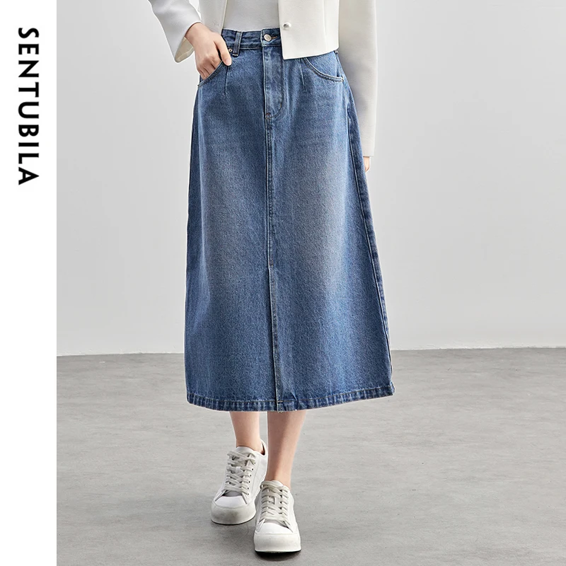 SENTUBILA 100% التنانير القطنية للنساء 2025 ربيع الموضة الأزرق غسلها الدنيم عالية الخصر شق هيم تنورة طويلة أنيقة النساء W51Q57899