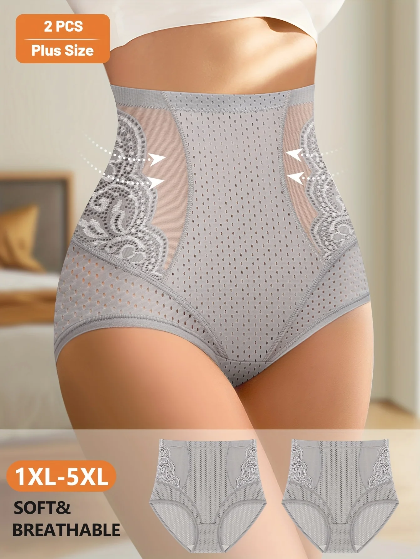 

2pcs High-Waist Tummy Control Shapewear Panties for Women, Plus Size, Breathable Mesh & Lace Design, Soft & Stretchy