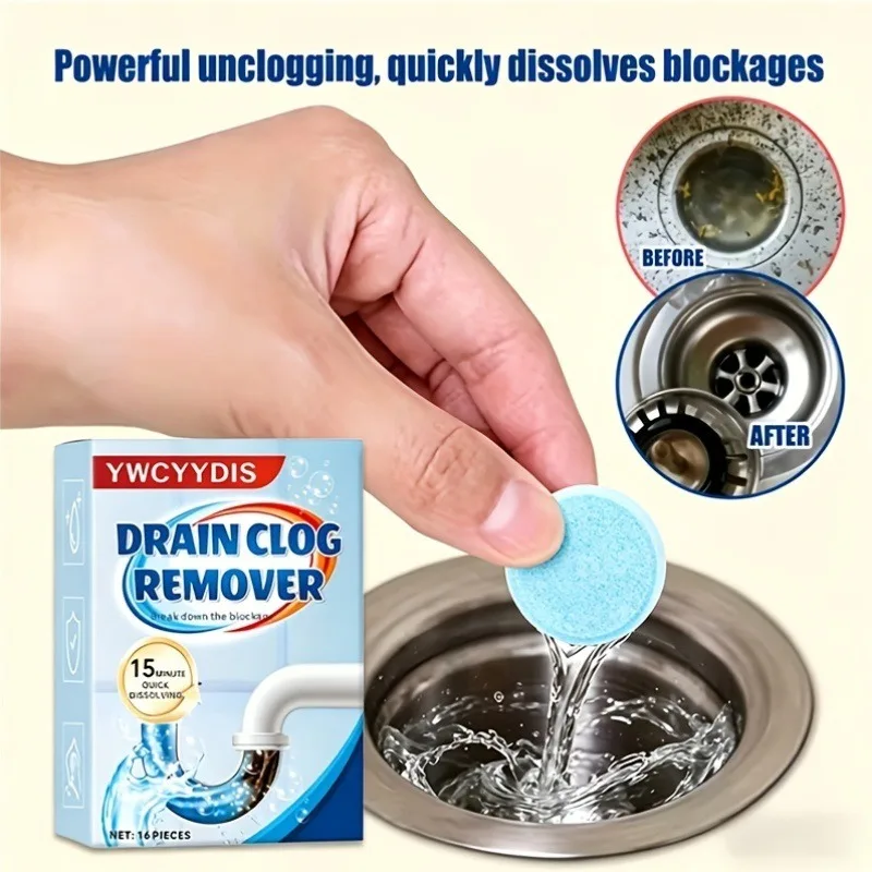Household Drainage Pipe Unclogging Effervescent Tablets, 16 Pieces Individually Packaged, Cleaning and Stain Removal Tools
