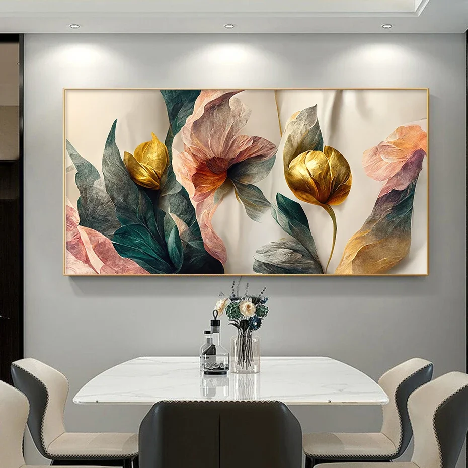 1pc frameless Vintage Gold Green Pink Flowers Posters Wall Art Canvas Painting Prints Pictures  Interior  Decoration
