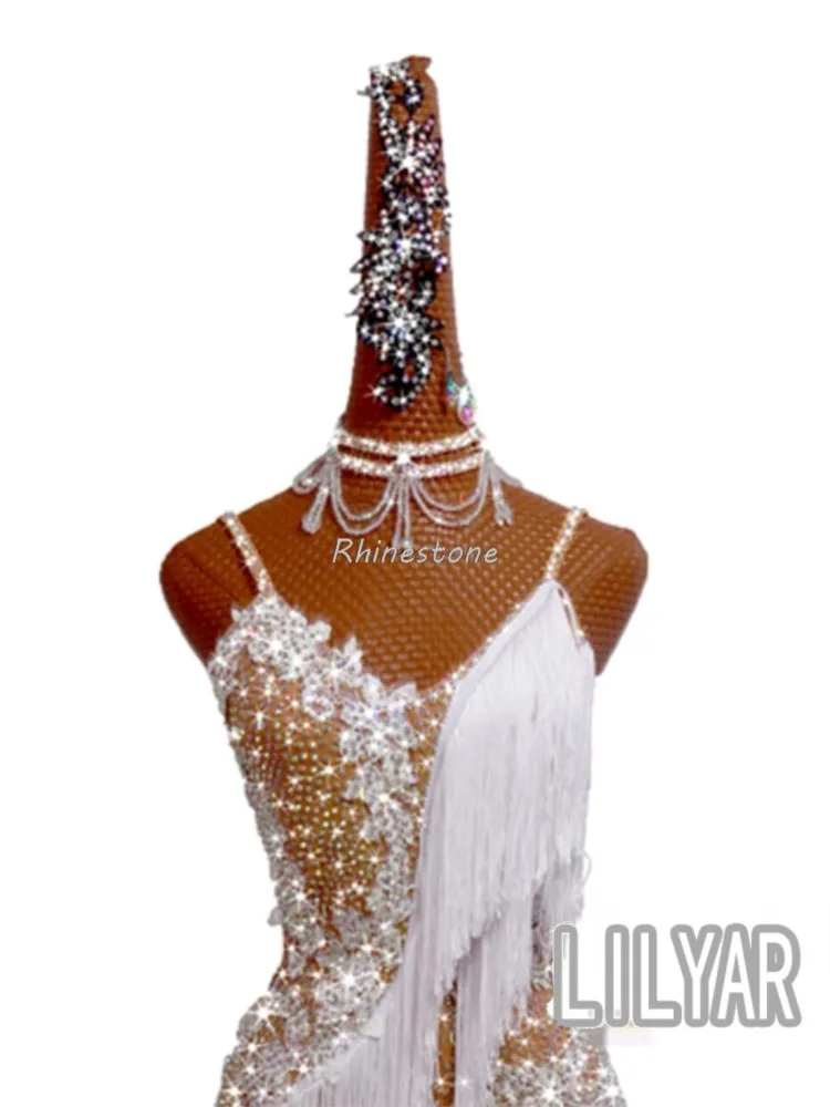 New Latin Dance Skirt Performance Competition Clothing Adult Children White Rumba Tassel Sparkling Diamond Customization