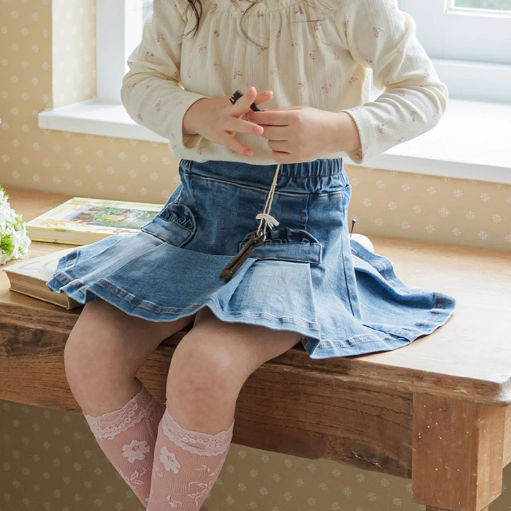 Spring 2026 Korean Style Girls Cute Pleated Denim Skirt Fashionable Half-length Brand Children's Clothing