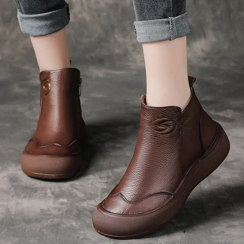 

New Winter Snow Boots Women Shearling Fur Natural Wool Flat Platform Ankle Boots Retro Style Casual Warm Genuine Leather Shoes