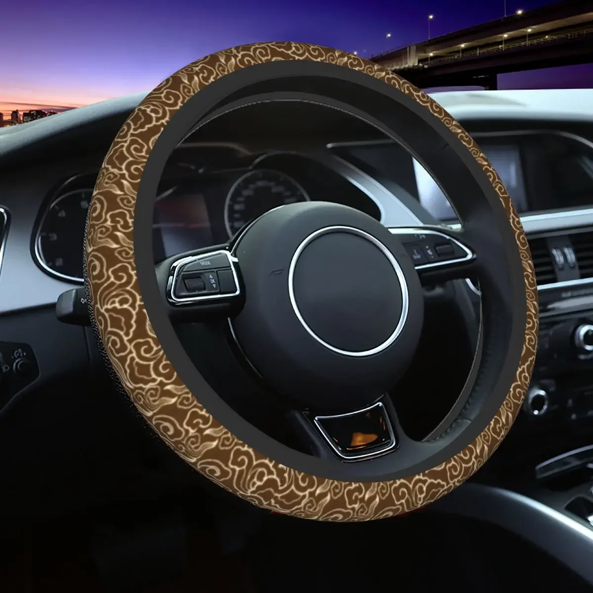 Custom Japanese Clouds Universal Steering Wheel Cover Taupe Brown Cloud Car Steering Wheel Protector 37-38cm Auto Accessories