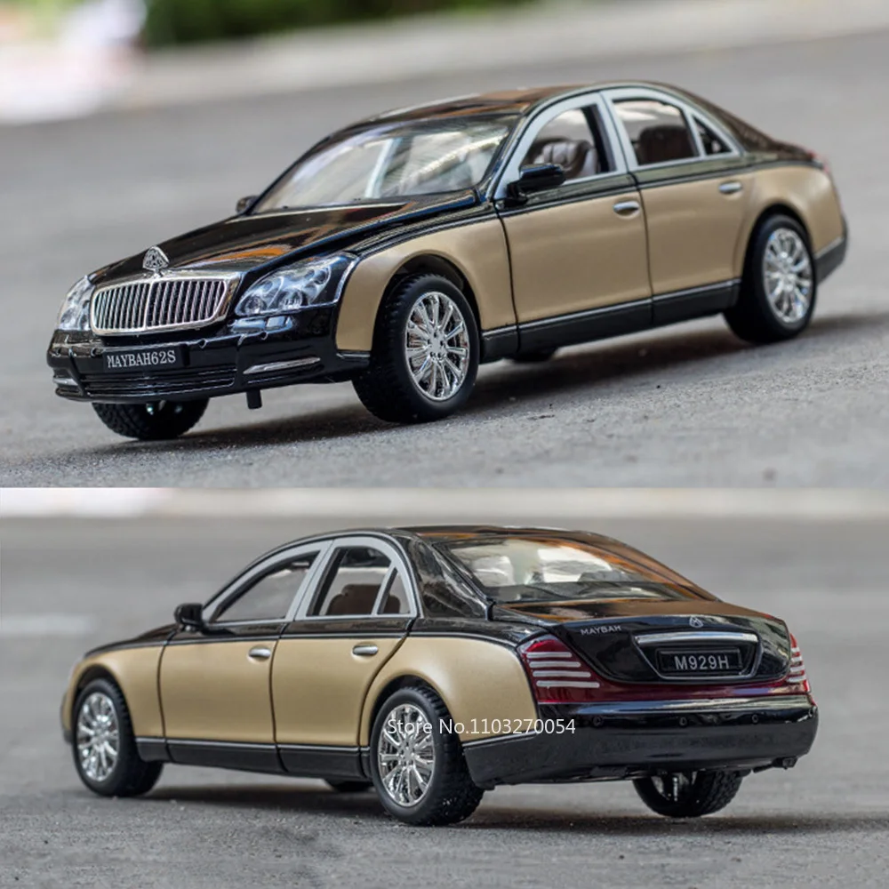 Maybach 62sダイキャスト合金車モデル、6ドアオープンメタルボディ、ラバータイヤ、サウンドライト、プルバックおもちゃ、子供向けギフト、1/24