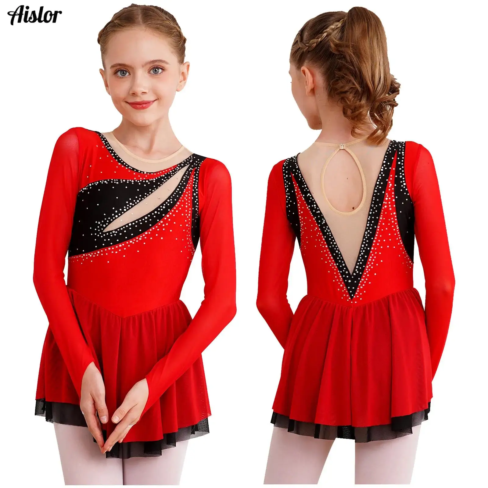 

Kids Girls Gymnastics Ballet Dance Dress Glittery Rhinestone Color Block Patchwork Sheer Mesh Long Sleeve Figure Skating Dresses