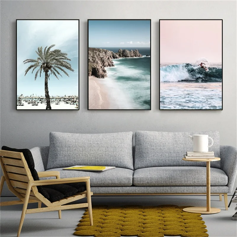 Tropical Beach Landscape Picture Coconut Tree Plant Poster Skyscraper Grassland Canvas Painting Shopping Mall Decoration Mural