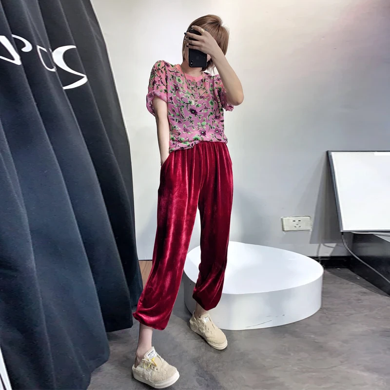 Fashion Women Elastic Waist sweater candy color velour Trousers Spring Elegant velvet Harem Pants Autumn Sport pants Purple Blue