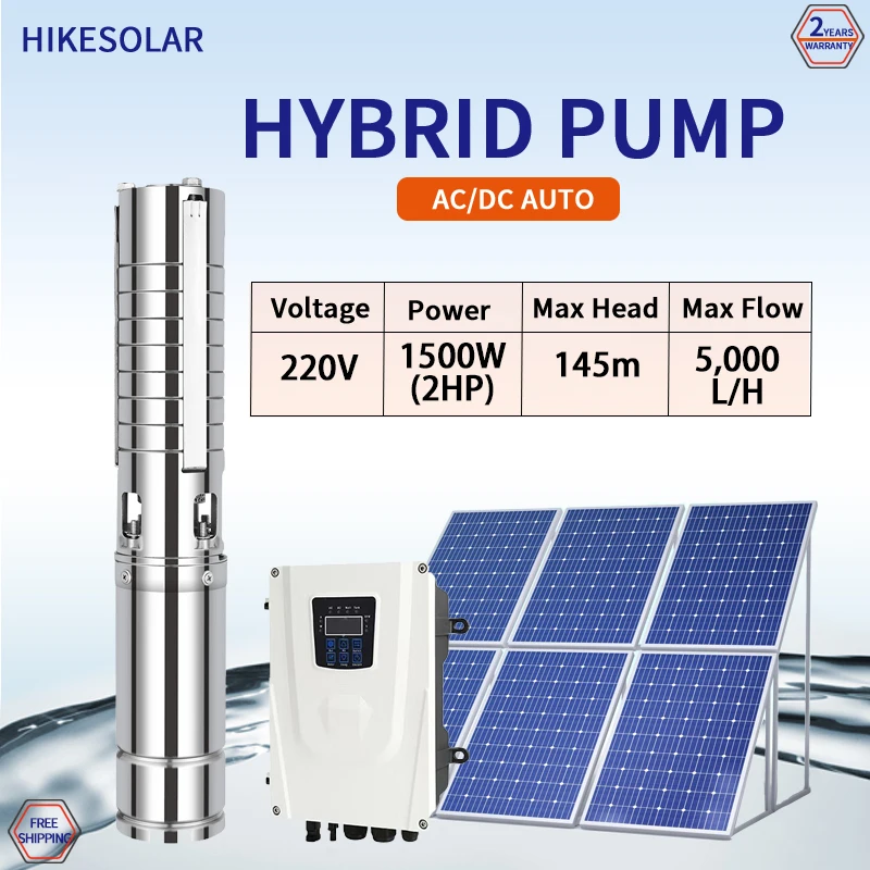 Hybrid AC/DC Solar Water Pump Max Head 145M Solar Deep Well Pump MPPT CONTROLLER Green Power Promotional For Agriculture Irrigat