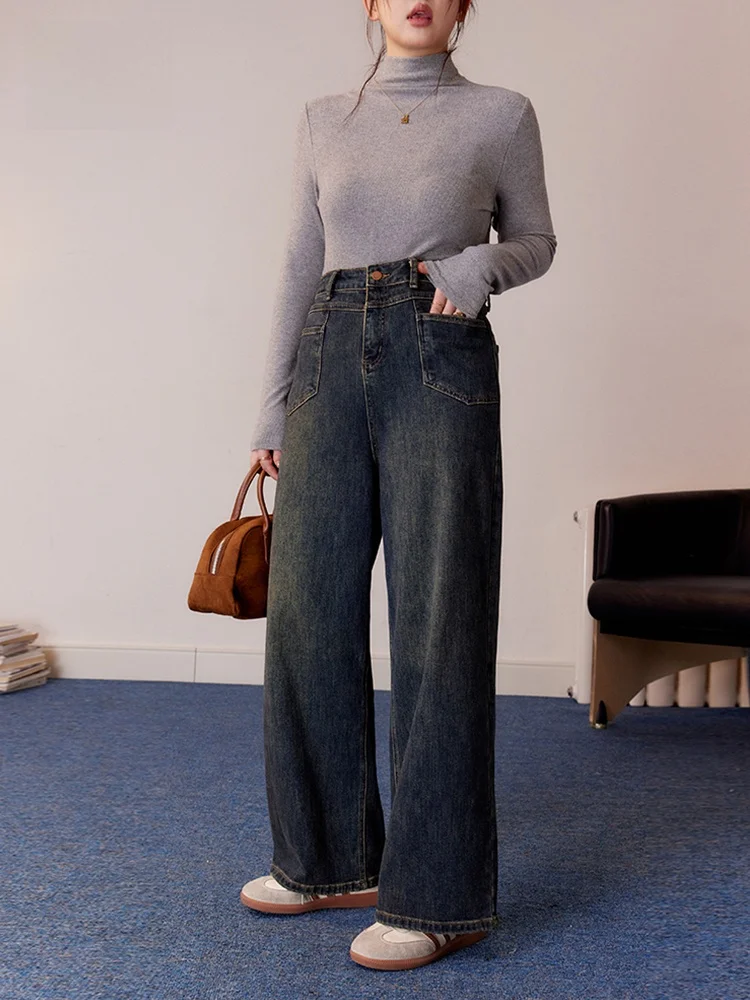 

Модные джинсы с высокой талией и прямыми штанинами больших размеров для женщин, ретро-стиль, стройнящие, скрывающие недостатки, трендовые джинсовые брюки от Zhang Adult