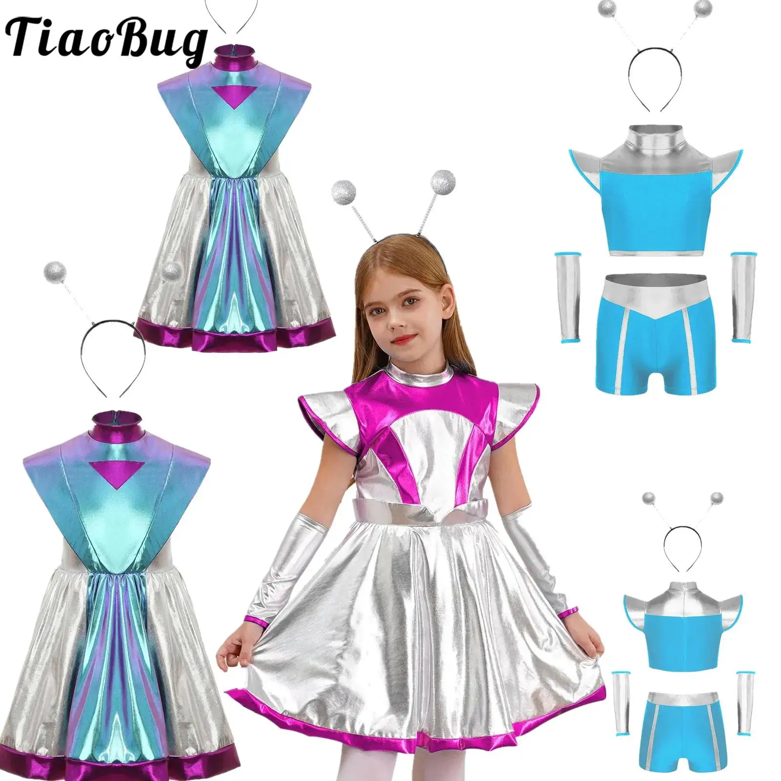 

Girls Space Alien Costume Astronauts Metallic Sliver Dress Festival Halloween Party Outfit Robot Space Dress Up Costumes