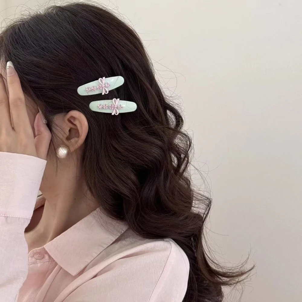 2026 New Trend Sweet Green Acrylic Hair Clip Pink Bow Zircon For Women Elegant Barrettes Fashion Hair Accessories For Girl Gifts