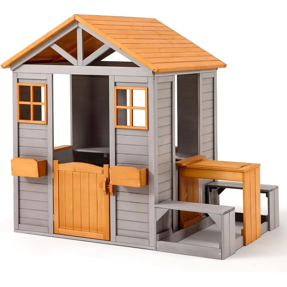

Children's Outdoor Playhouse Set with Sand Table, Kitchen, Door, Windows, and Backyard Play Area (Brown & Grey)