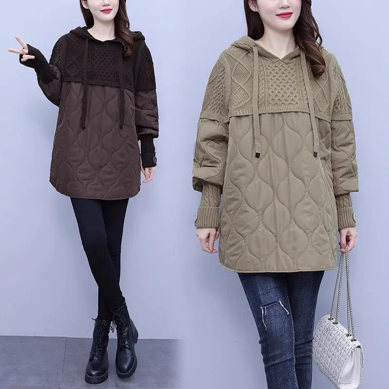 2023 Autumn Winter Women\'s Large Size Quilted Sweater Jacket Loose Fashion Versatile Knitted Splice Thickened Bottom Shirt z2983