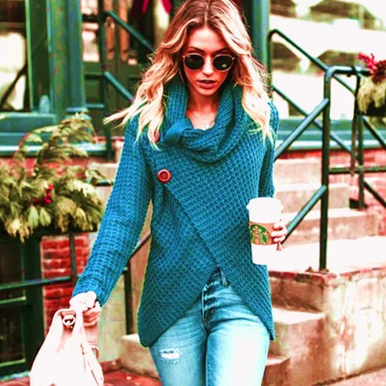 Autumn Winter Women's Clothing Round Neck Long Sleeve Irregular Solid Color Sweater Knitwear Top